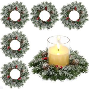 Scawim 6 Pcs Candle Rings Wreaths Bulk, Artificial Candle Rings with Pinecones Red Berries Candle Holder Table Centerpiece Decor for Home Kitchen Cabinet Windows Front Door