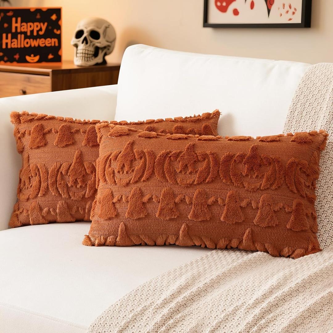 2 x Artscope Halloween Pillow Covers 12 x 20 Set of 2 Decorative Ghost Holiday Pumpkin Throw Pillow Cases Soft Plush Faux Fur Couch Cushion Case for Farmhouse Halloween Sofa Bed Room Home Decor-Rust