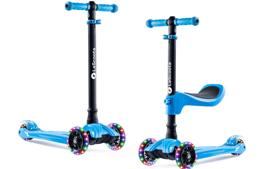LaScoota 2-in-1 Kids Kick Scooter for Boys & Girls with Seat
Adjustable Height Handlebars and Removable Seat, 3 LED Lighted Wheels and Anti-Slip Deck, for Aged 3-12 and up to 100 Lbs