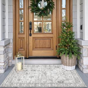 Grey Floral Rug for Entryway, 2x3 Washable Kitchen Mat Ultra-Thin Soft, Non-Slip Indoor Door Carpet Stain Resistant Boho Small Low-Pile Throw for Bathroom Bedroom (2 x 3, Grey)