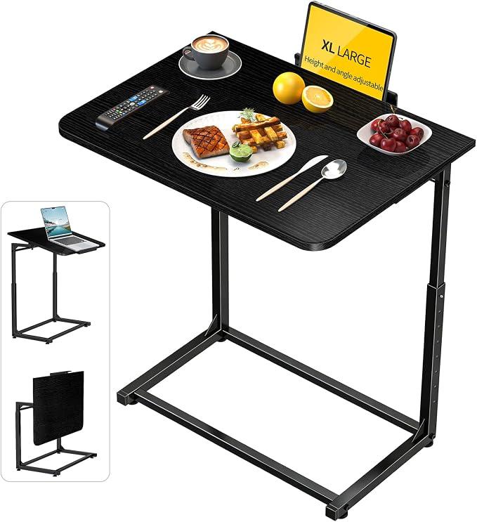 Extra Large TV Dinner Tray Table, Couch & Bed Eating Desk, Snack Tray, Laptop Table Heavy Duty Folding Food Table with 8-Height & 90° Tilt Adjustable, C-Shaped End Table with Phone/Tablet Slot–Black