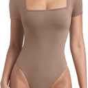 REORIA Womens Square Neck Bodysuits 2025 Short Sleeve Double Lined Basic Going Out Body Suits Tops (Small, Almond)