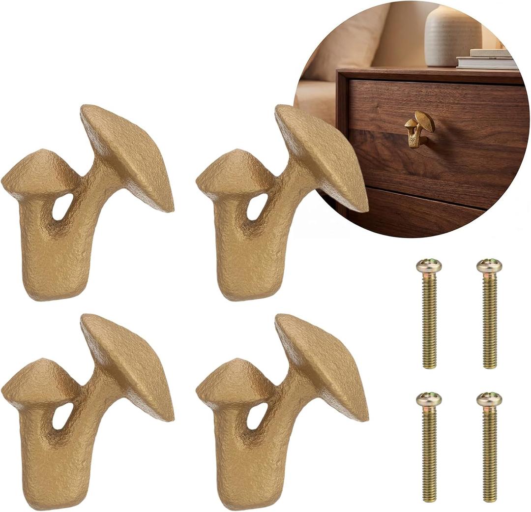 Wenqik 4 Pcs Mushroom Cabinet Knobs Vintage Retro Gold Metal Mushroom Drawer Knobs Dresser Pull Handles for Kitchen Cupboard Wardrobe Cabinet Door Decor Hardware, 1.38 x 1.73 Inch