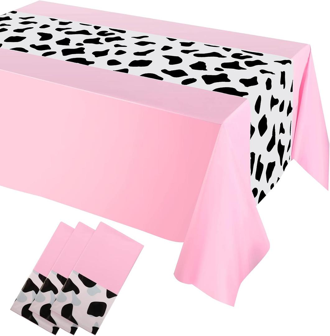 Remagr 3 Pcs 54 x 108 Inch Cowgirl Cowboy Tablecloth for Cow Print My First Rodeo Party Decorations, Western Highland Cow Farm Disco Table Runner Plastic Rustic Table Cover for Birthday Wedding(Pink)