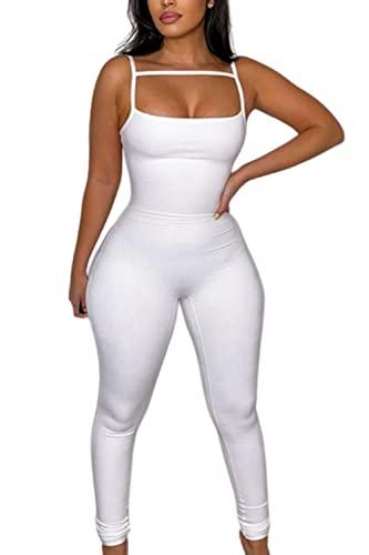 MVKV Women's Sexy Bodycon Solid Outfits Club Rompers Jumpsuits White Small