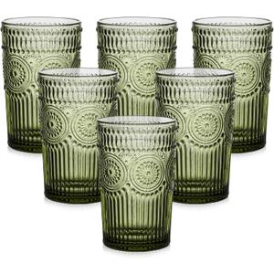 Vintage Glassware Drinking Glasses Set of 6,13 oz Green Textured Flower Design Glass Water TumblersEmbossed Striped Drinkware for Water,Cocktails,Juice,Iced Coffee