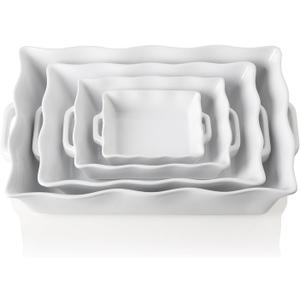 Sweejar Casserole Dishes for Oven, Ceramic Bakeware Set of 4, Rectangular Baking dish with Handles, Wave Edge Lasagna Pan Deep for Cooking, Cake, Dinner, Banquet and Daily Use (White)