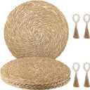 Woven Placemats Set of 4, 12" Natural Water Hyacinth Round Rattan Placemats with Wooden Beads Napkin Rings for Kitchen Dining Table Decor