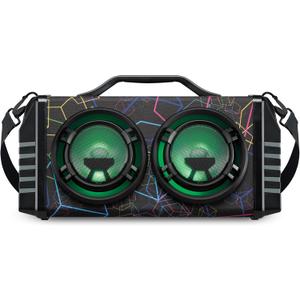 iLive Electronics IBB503GEO Portable Bluetooth Boombox with FM Radio and 2 Microphone Inputs, Color Changing LED Lights, Carry Strap, Black with Geometric Pattern