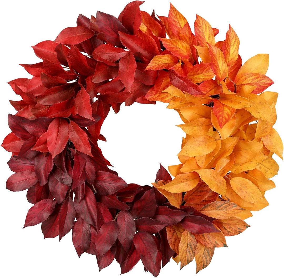 23 lnch Artificial Fall Wreath for Front Door, Large Autumn Wreath with Bay Leaves Mixed Colors Fall Door Wreaths for Indoor Outdoor Farmhouse Home Porch Wall Window Thanksgiving Wedding Decor