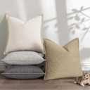 decorUhome Summer Decorative Throw Pillow Covers 24x24 Set of 2 Square Faux Linen Outdoor Neutral Farmhouse Euro Sham Pillow Covers with Stitched Edge for Couch Sofa Living Room, Beige