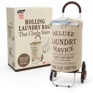 dbest products Stair Climber Laundry Trolley Dolly, Beige Laundry Bag Hamper Basket cart with wheels sorter