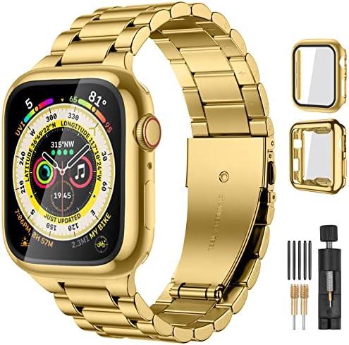 Lerobo Compatible for Apple Watch Band Ultra 49mm 44mm 45mm 46mm 42mm 38mm 40mm 41mm, Solid Stainless Steel Metal Band with 2 Pack Protective Case for iWtach Series 10 9 8 7 6 5 4 3 2 1 SE Men Women (Gold)(38mm)