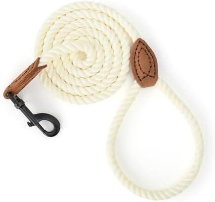 Mile High Life Dog Leash, Braided Cotton Rope Leashes with Leather Tailor Tip with Leather Tip - Heavy Duty Metal Clasp, 5FT, 1/2" Thick - Wedding, Walking Leash for Medium Large Dogs(Cream White)