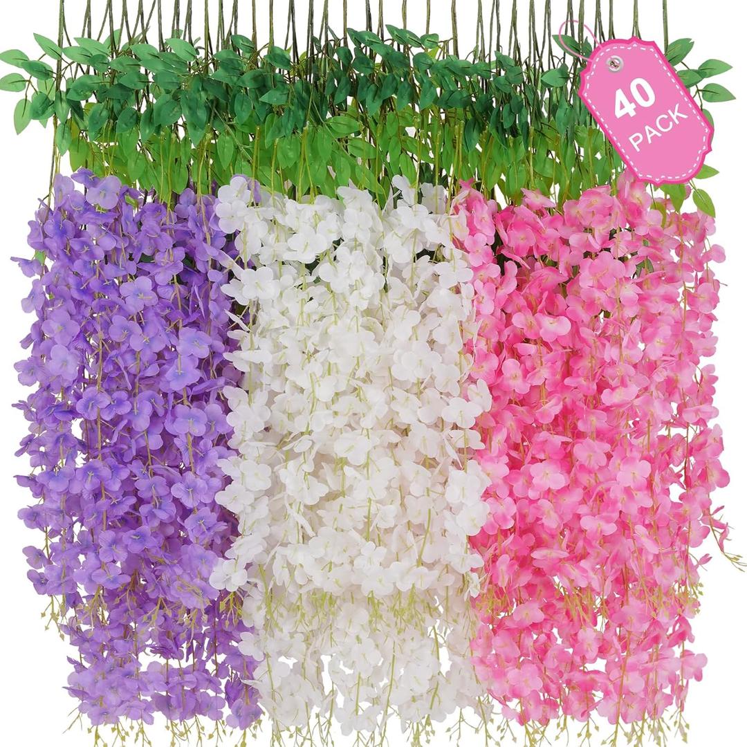 40 Pack Pink Purple White Wisteria Hanging Flowers, Fake Hanging Flowers for Decoration,Vines for Bedroom, Wisteria Flower Garland for Home, Party, Wall, Wedding Decoration, Baby Shower(3.6 Ft/Pcs)