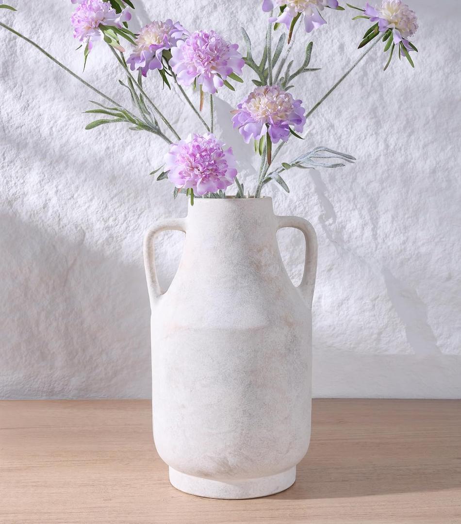 White Ceramic Flower Vase with Handles, 11 in Tall Rustic Farmhouse Pottery Vases Decorative Large Vases for Living Room Entryway Kitchen Table Centerpieces Home Decor