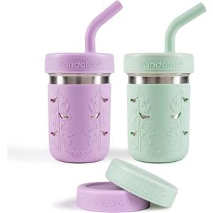 Pandaloo Smoothie Cups for Kids - Stainless Steel Toddler Tumbler with Straw, Sippy Cup for Smoothies - BPA-Free, Toddler Snack Cups, 10 oz (Pack of 2, lilac Rhapsody/Sweet Sage)