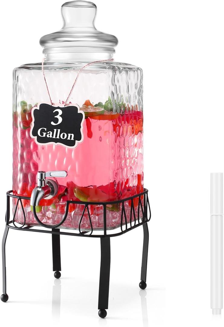 Baderke 3 Gallon Drink Dispensers with Stand Glass Beverage Dispenser with Stand and Stainless Steel Spigot Juice Dispensers for Parties Tea Jar for Lemonade Juice