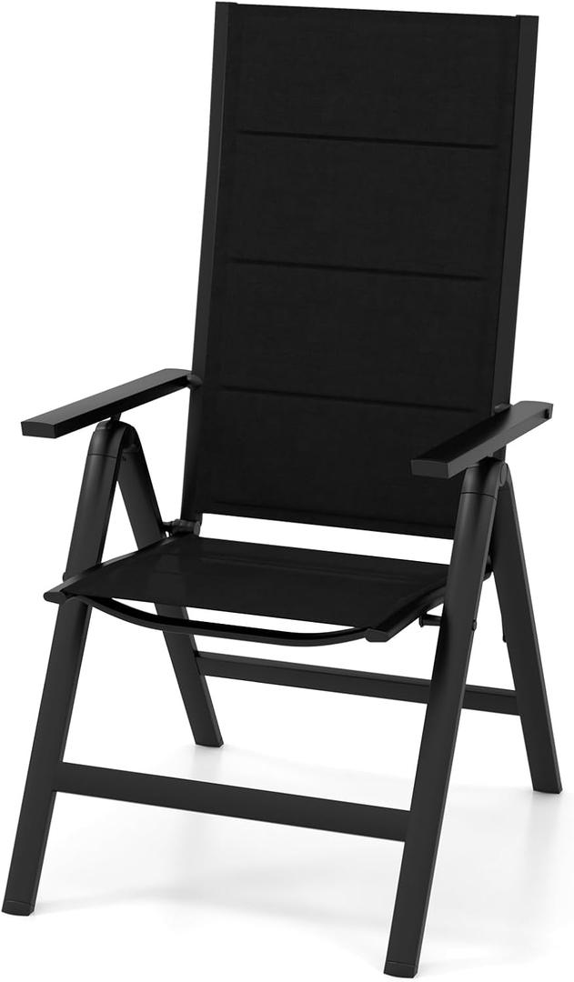 Tangkula Patio Folding Chair, Outdoor Dining Chairs with Soft Padded Seat, 7-Position Adjustable Backrest, Armrests, Portable Sling Reclining Chairs for Porch Pool Backyard Camping (1, Black)