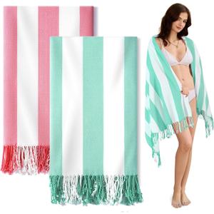 Genovega 2 Packs Oversized Turkish Beach Towels 74"x38" Thin Quick Dry Sand Free Pool Swim Bathing Towel Extra Large Travel Blanket Adult Essentials Accessories Summer Vacation Pink LightGreen Stripe