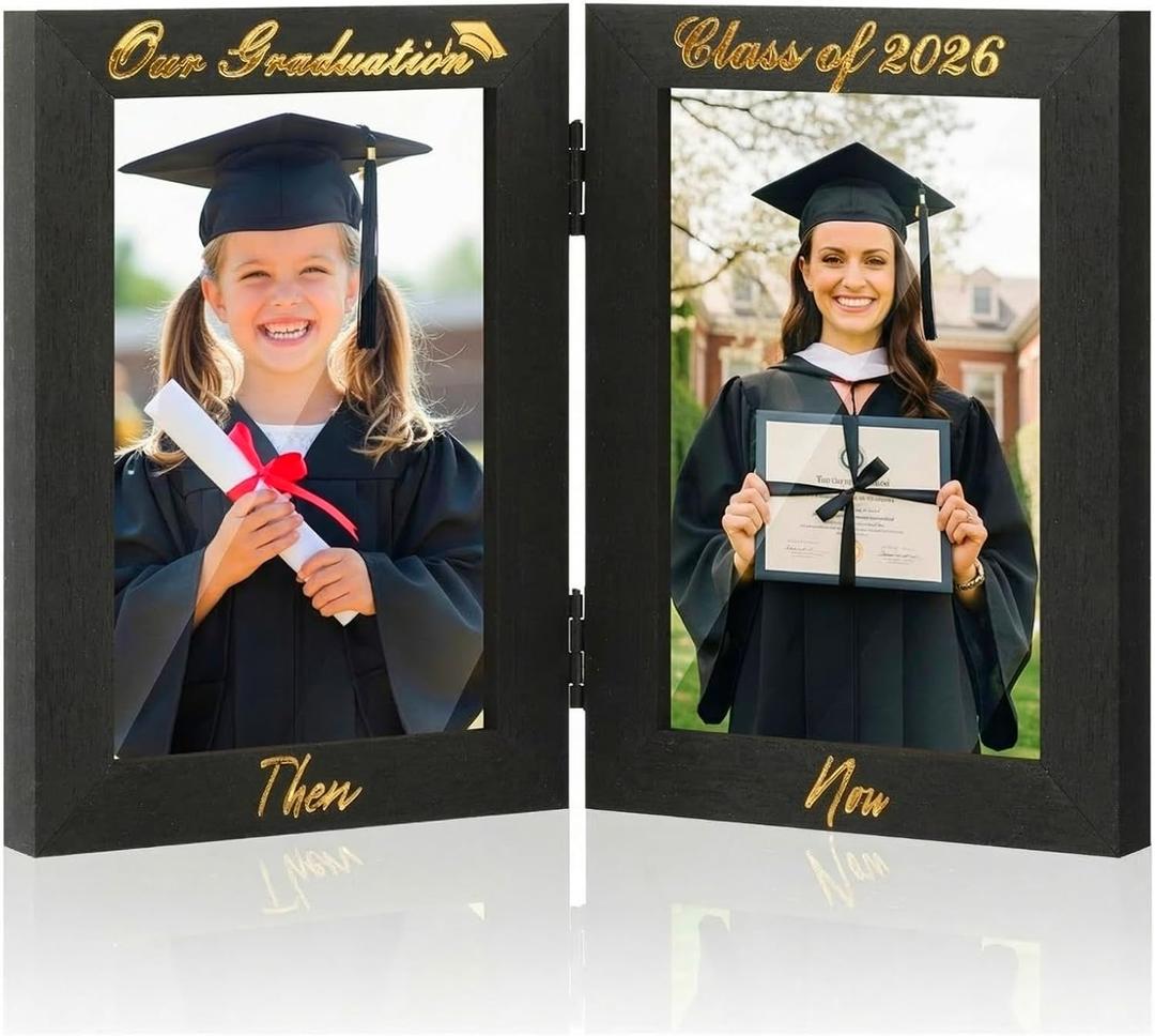 Amyhill Graduation Frame Class of 2026 Decor Then and Now Picture Frame Double 4x6 Photos Foldable Wooden Graduation Gift for College High School Graduate Party Decoration Keepsake
