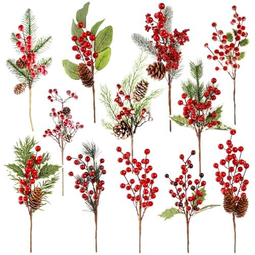 GoClimber 12 Pack Christmas Tree Picks, 12 Inch Artificial Christmas Flowers Assorted Red Berry Picks and Sprays for Christmas Tree Filler Floral Arrangement DIY Wreath Winter Holiday Season Décor