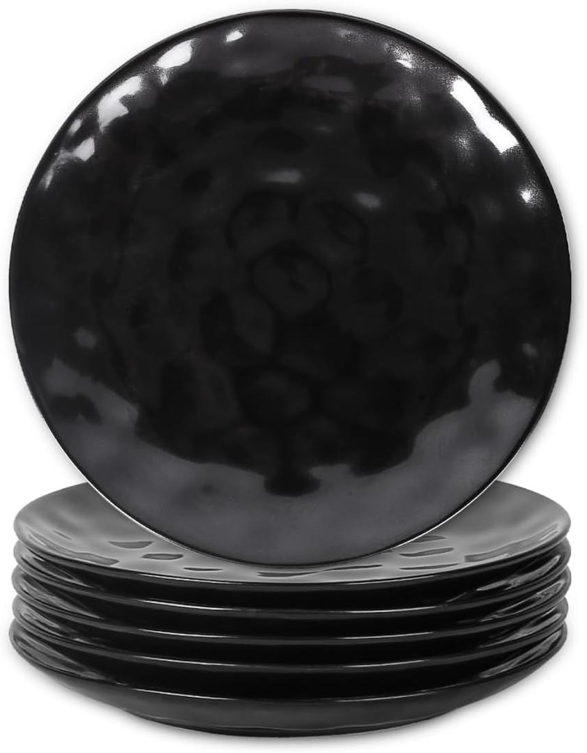 vicrays Ceramic Dessert Salad Plates, 8 Inch, Microwave, Oven, and Dishwasher Safe, Round, Porcelain Fluted Suitable for Snacks, Appetizer, Home, Party, Restaurant - Set of 6 Black