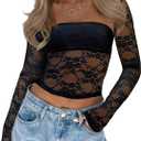 CSDAJIO Women's Going Out Tops Lace Long Sleeve Square Neck Crop Top Shirt Strapless Tube Top and Bolero Set (Black, M)