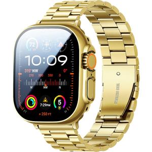 Compatible with Apple Watch Band 49mm 46mm 44mm 45mm 42mm 40mm 38mm 41mm, Stainless Steel iWatch Bands with 2 Pack Tempered Glass Case for Series 11/10/9/Ultra 3 2/8/7/6/5/4/3/2/1/SE for Men (Gold)