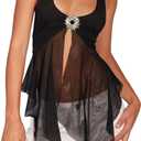 Women Halter Top Y2k Flowy Sheer Mesh Split Hem Backless Going Out Tank Top Festival Clubwear (Small, Black)