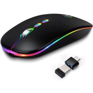LED Wireless Mouse, Slim Rechargeable Silent Bluetooth Mouse, Portable USB Optical 2.4G Wireless Bluetooth Two Mode Computer Mice with USB Receiver and Type C Adapter (Black)
