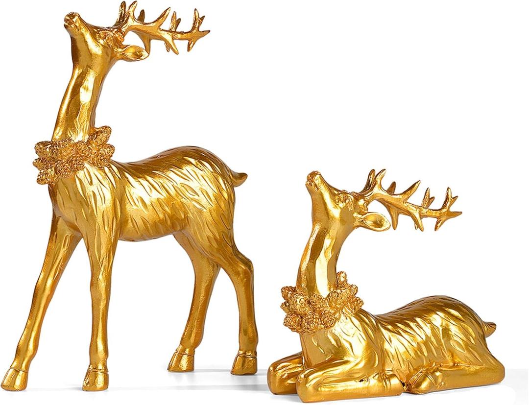Zensounding 2PCS Christmas Deer Pendant Bedding and Standing Gold Deer Resin Home Decoration Suitable for Fireplace Living Room Dining Table Christmas Decoration (Golden)