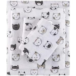 Intelligent Design Cozy Soft 100% Cotton Flannel Print Animals Stars Cute Warm, Ultra Soft Cold Weather Sheet Set Bedding, Twin, Grey/Pink Cats 3 Piece