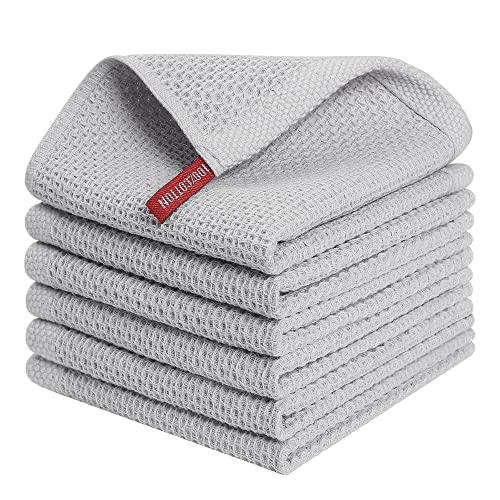 100% Cotton Kitchen Dish Cloths (12 X 12 Inches, Light Grey), 6 Pack Waffle Weave Ultra Soft Absorbent Dish Towels for Drying Dishes Quick Drying Kitchen Towels Dish Rags