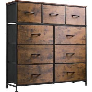 WLIVE 9-Drawer Dresser, Fabric Storage Tower for Bedroom, Hallway, Entryway, Closet, Tall Chest Organizer Unit with Fabric Bins, Steel Frame, Wood Top, Easy Pull Handle, Rustic Brown Wood Grain Print
