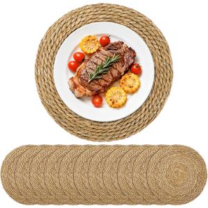 Set of 12 Round Woven Placemats, 13 Inch Rattan Chargers for Dinner Plates, Wicker Placemats, Boho Farmhouse Rustic Braided Jute Table Mats for Kitchen Dining Party Decor
