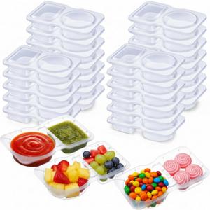 25 Pcs Pack Snack Containers with Lids, 5 oz Double Compartment Plastic Food Containers, Portable Divided Snack Cups for School, Office, Meal Prep, Sauces, Dips, On-the-go Camping (Clear)
