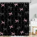 Mocsicka Pink Bow Shower Curtain Pink Bow Polka Dots Bathroom Shower Curtain Cute Aesthetic Waterproof Fabric Shower Curtains Bathtub Decor with 12 Hooks 72 X 72 Inch (Black)