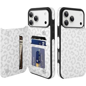 tharlet Compatible with iPhone 17 Pro Case with Card Holder, Cheetah Print PU Leather Kickstand Card Slots for Women Girls, Shockproof Wallet Case for iPhone 17 Pro 6.3''(White)