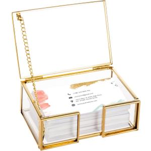 Feyarl Clear Gold Glass Business Card Box with Lid Name Card Display Organizer Container Collection Storage for Office Desktop Counter Top Meeting
