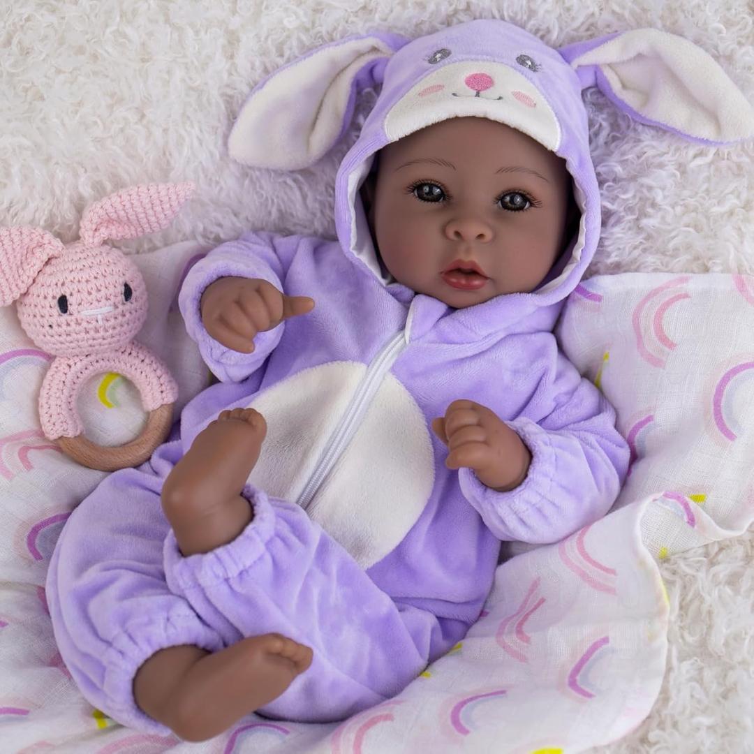 Aori Black Baby Dolls Realistic,17-inch Lifelike Soft Body Baby Girl That Look Real with Feeding Kit Included, Ideal Gift for Kids, Birthday, Pretend Play (Purple Rabbit)