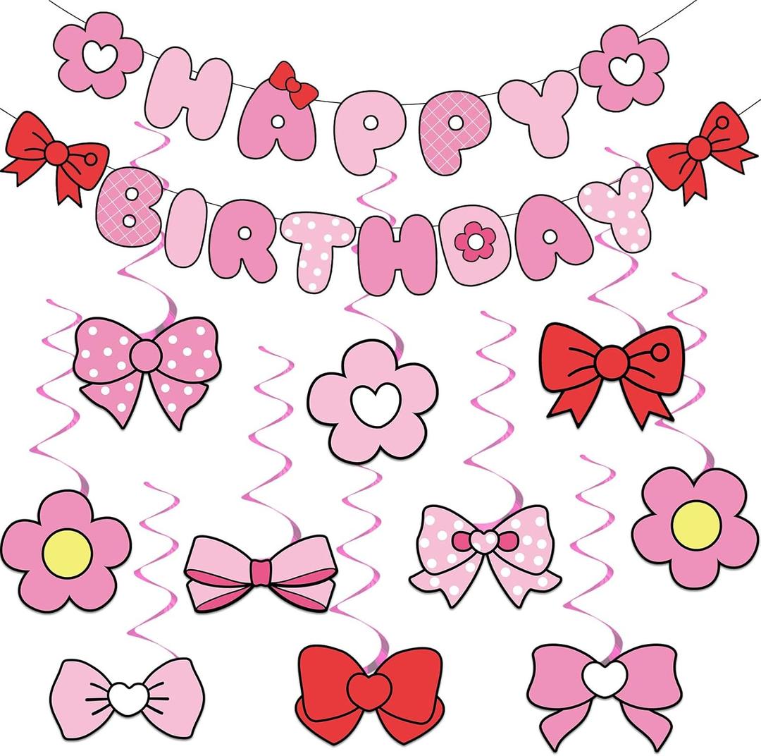 Pink Bow Birthday Party Decorations Bow Happy Birthday Banners Pink Hanging Swirl Cartoon Cat Theme Party Supplies Cute Bowknot Cutout Streamers for Girls Baby Shower Coquette Bachelorette Party Decor