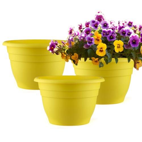 RooTrimmer 3 Pack 11 Inch Plant Pots for Indoor Outdoor,Plastic Floor Planters with Drainage Holes,Lightweight Flower Pots for Home,Patio & Garden(Yellow)