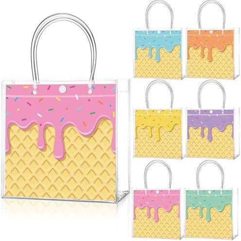 Aliceset 22 Pcs Summer Ice Cream Gift Bags with Handle Clear PVC Candy Treat Goodies Tote Bags for Summer Birthday Party Favor Supplies