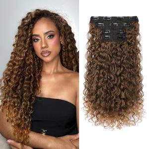 Clip in Hair Extensions, FLUFYMOOZ 4PC 100 Pure Protein Silk Hair Extensions Long Soft Natural Hairpiece 20 Inch Curly Hair Extension for Women (Almond Brown with Cooper Red)