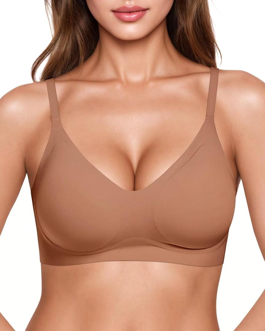 Vertvie Womens Seamless Jelly Bras No Underwire Comfort Push Up Bras Buttery Soft Wireless Bralette Full Coverage Sports Bra (X-Large, Light Coffee)