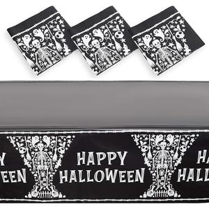 Spooky Central Skeleton Coffin Happy Halloween Tablecloth, Black Table Cover (54 x 108 in, 12 Pack) - Table Cloth - Tablecloths