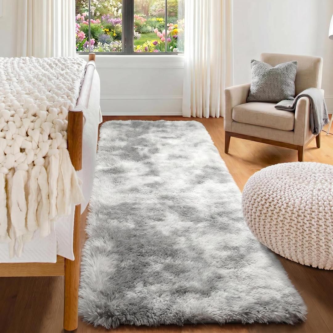 ONASAR 2x6 Runner Rugs for Bedroom Living Room, Fluffy Tie-Dyed Light Grey Bedside Hallway Throw Area Rug, Ultra Soft Plush Furry Floor Carpet Mat for Nursery Kids Dorm Closet Home Decor