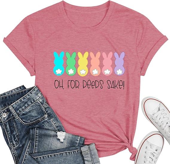 Easter Teacher T-Shirt for Women Teaching My Favorite Peeps Shirt Funny Bunny Rabbit Graphic Tee Tops (Small)