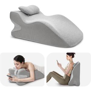 Daneey Reading Pillow for Bed Adult, Back Pillow for Bed Sitting Up, Back Support Pillow with Adjustable HeadrestMemory Foam Pillows for Abdomen, Lumbar, Back, Gray, 14.6 * 10 * 24IN